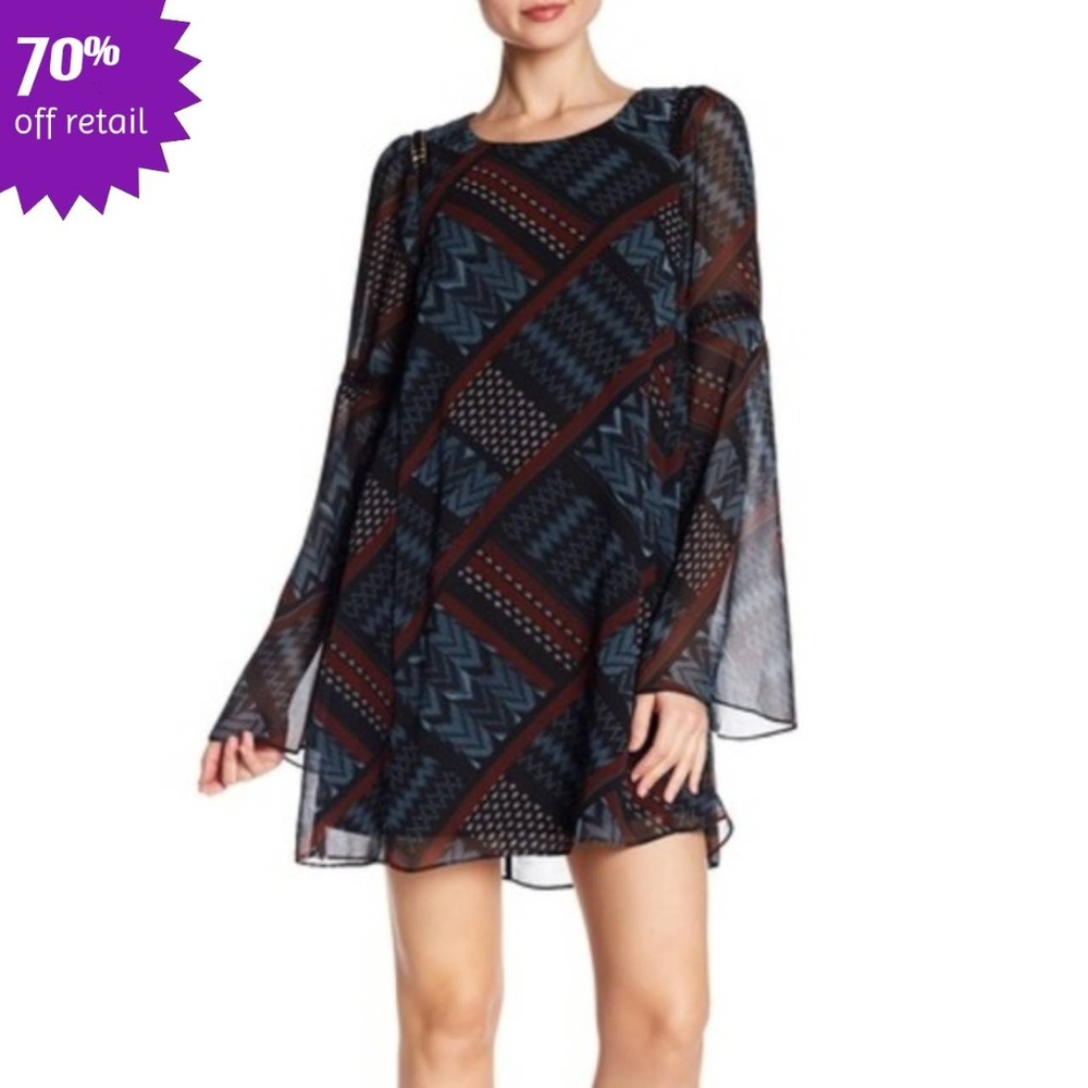 NEW Geometric A-line Dress with Bell Sleeves